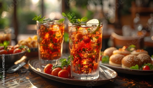  Two glasses of iced tea on a table beside a plate of food.