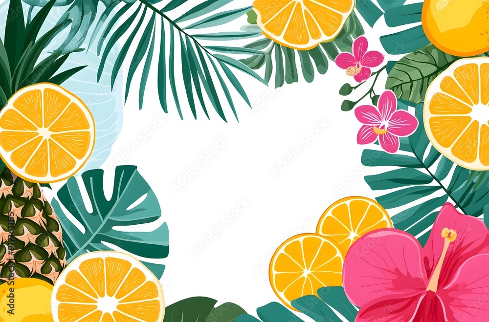 Bright tropical summer frame with pineapples, oranges, and hibiscus flowers on a white background. Bright tropical summer frame with pineapples, oranges, and hibiscus flowers on a white background.