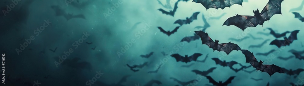Diverse bats in motion against a Halloween night sky, eerie background, editorial photography, empty space for text on side Diverse bats in motion against a Halloween night sky, eerie background, editorial photography, empty space for text on side