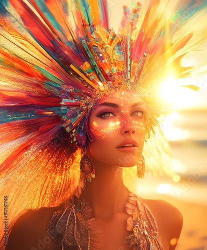 A woman wearing a colorful feather headdress with shimmering glitter, backlit by a golden sunset.