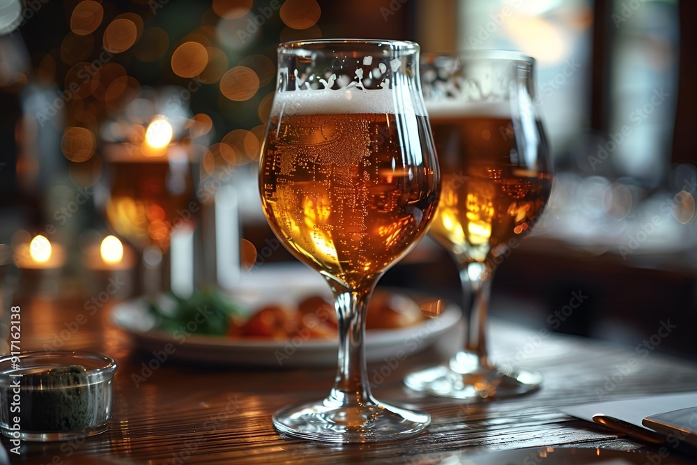 Two glasses of beer placed on a wooden table. Two glasses of beer placed on a wooden table.
