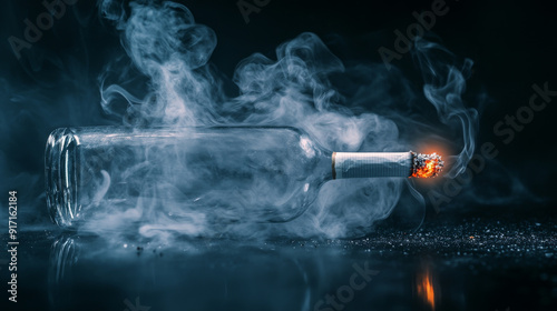 A discarded cigarette in a bottle billows smoke, symbolizing the destructive effects of tobacco. This powerful image reminds us of the importance of quitting smoking on World No Tobacco Day.