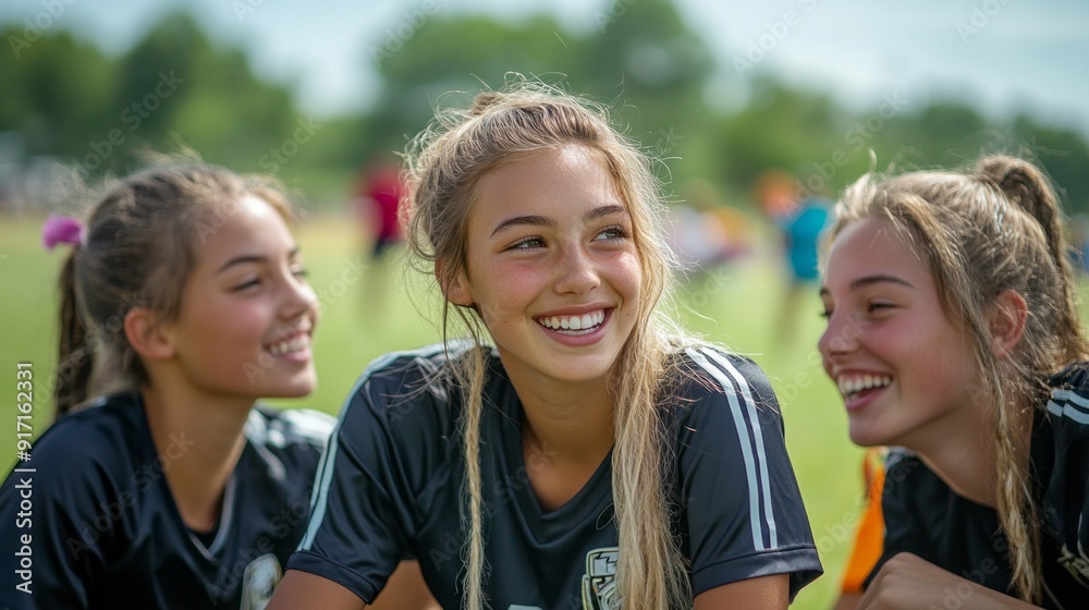 Obraz premium Three girls are sitting on the grass, smiling and laughing