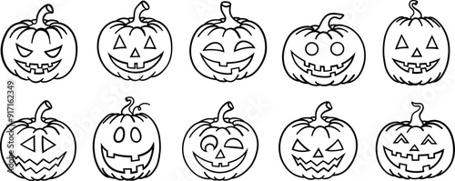 Halloween pumpkin line art vector clip art set, isolated