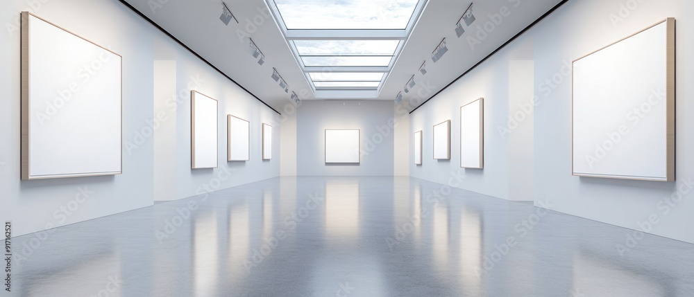 Empty Gallery Hallway with Skylight and Blank Frames Empty Gallery Hallway with Skylight and Blank Frames