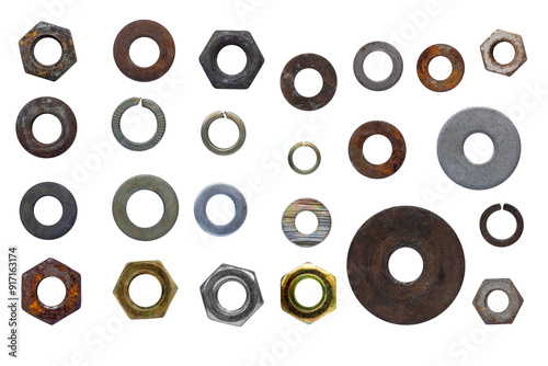Collection of various used nuts and washers showcasing their rust, scratches, and unique shapes isolated against a transparent background.
