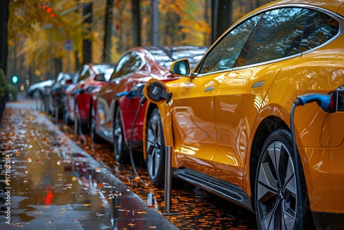 A row of electric cars parked neatly along a city street.