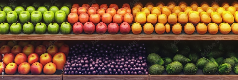 Fresh Produce Displayed on Wooden Shelves Fresh Produce Displayed on Wooden Shelves