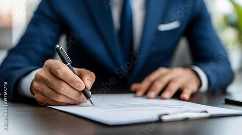 businessman’s hands holding a pen while writing on paper. The scene emphasizes attention to detail, professionalism, and commitment. Ideal for themes related to business, finance, and productivity