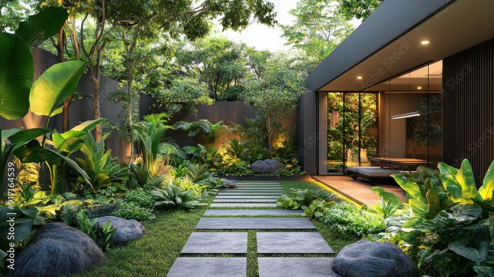 Obraz premium botanical oasis, lush greenery in a serene garden setting invites you to embrace the soothing touch of natures beauty