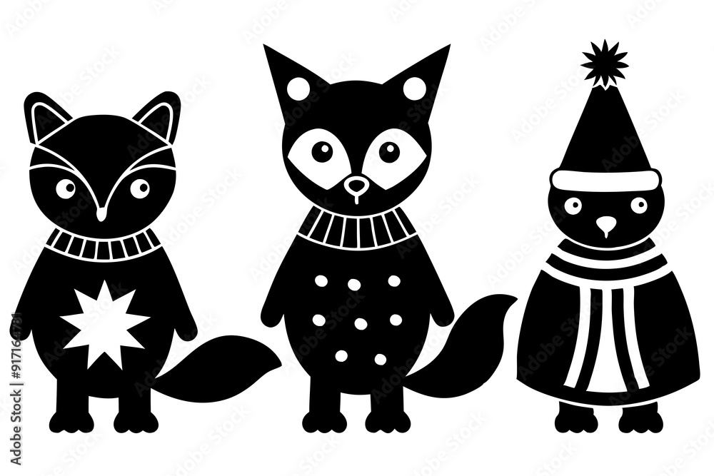 Foxes, Owls, and Bears in Christmas Gear in white background Foxes, Owls, and Bears in Christmas Gear in white background