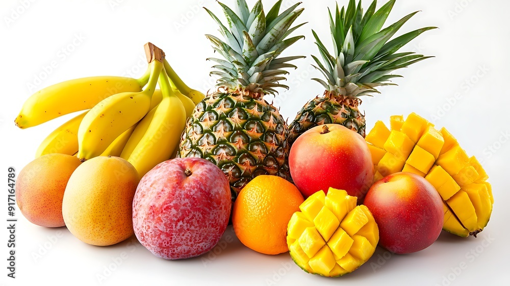 Vibrant tropical fruits group isolated on white Vibrant tropical fruits group isolated on white