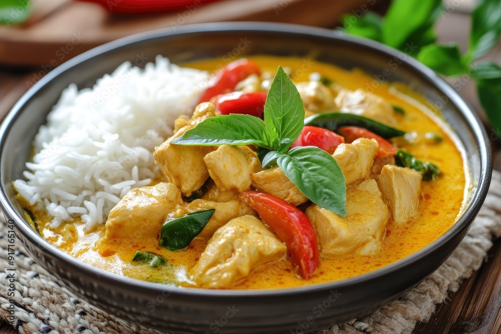 asian food, chicken meat in yellow thai curry sauce with vegetables and rice on plate, ai