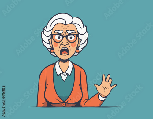 Angry grandma. Angry teacher. Wife getting angry while waiting for husband.
