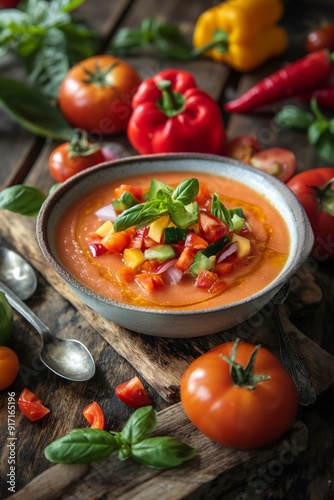 A bowl of vibrant gazpacho, garnished with fresh basil and diced vegetables, sitting on a rustic wooden table surrounded by ripe tomatoes and peppers.