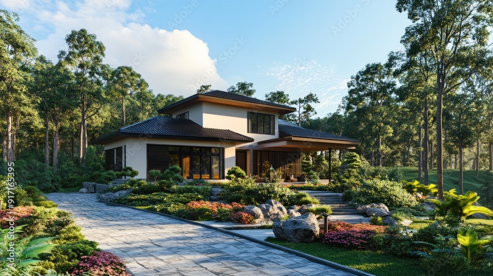 Obraz premium Modern house with a black roof and large windows, surrounded by lush greenery and a stone path, under a blue sky with a white cloud.