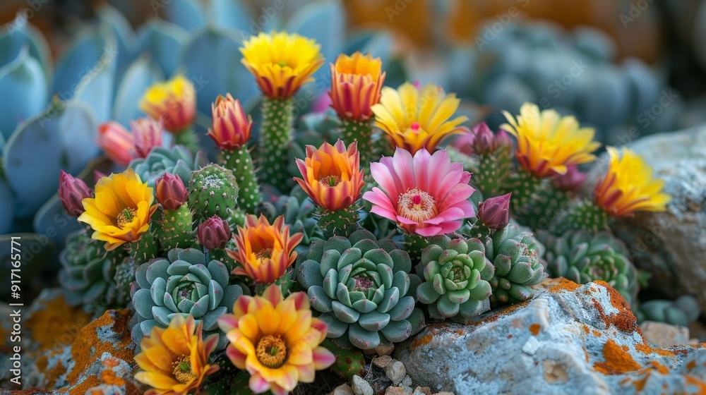 A desert landscape with cacti and succulents in bloom, their bright flowers contrasting against the sandy, arid environment, symbolizing resilience and beauty. A desert landscape with cacti and succulents in bloom, their bright flowers contrasting against the sandy, arid environment, symbolizing resilience and beauty.