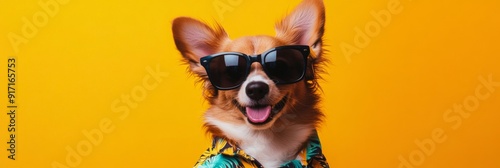 Sunny Side Up: A Stylish Dog in Sunglasses and a Tropical Shirt Exuding Cool and Playful Vibes for Summer, Pet, and Vacation Themes