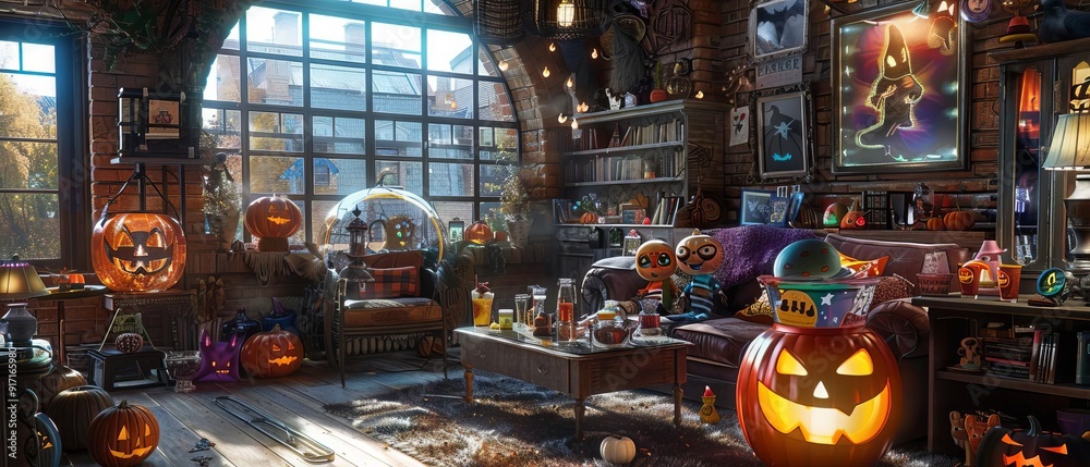 A cozy living room decorated with Halloween props, kids in adorable outfits, and a punch bowl with festive drinks