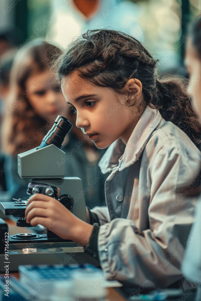 Girl Using Microscope in Class Girl Using Microscope in Class