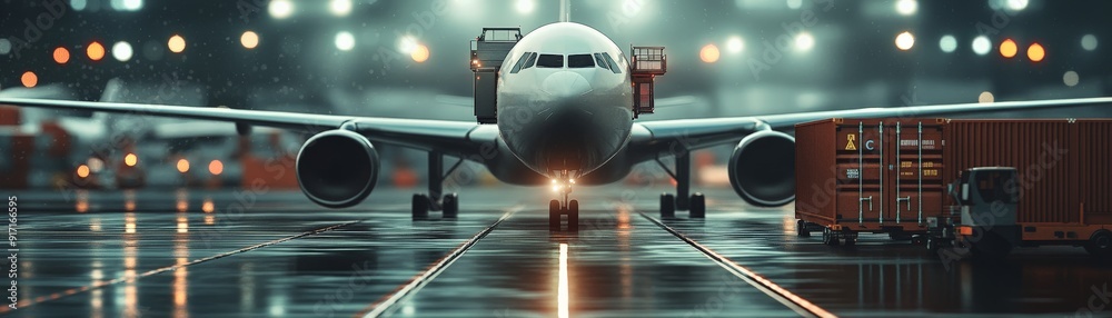 Fototapeta premium A commercial airplane on a wet runway at night, lights in the background, with cargo containers and a moody atmosphere.