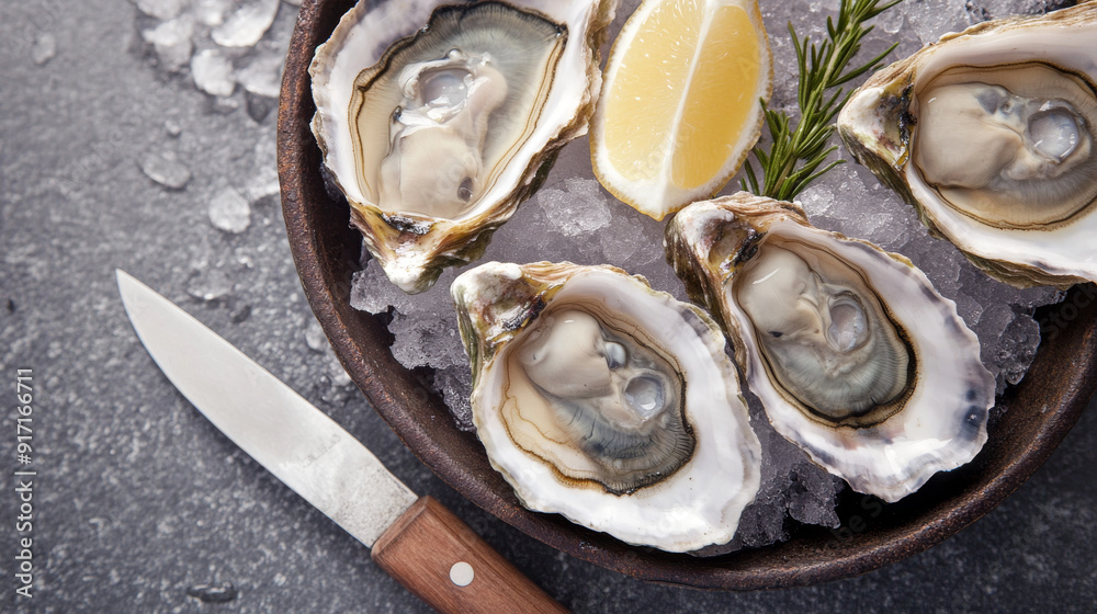 Indulge in freshly shucked French Fine de Claire oysters, served on ice and accompanied by a knife. Enjoy the healthy flavors of the sea, perfect for a gourmet oyster dinner at a restaurant. Indulge in freshly shucked French Fine de Claire oysters, served on ice and accompanied by a knife. Enjoy the healthy flavors of the sea, perfect for a gourmet oyster dinner at a restaurant.