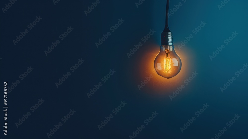 A glowing light bulb in the center of a dark blue background. A glowing light bulb in the center of a dark blue background.