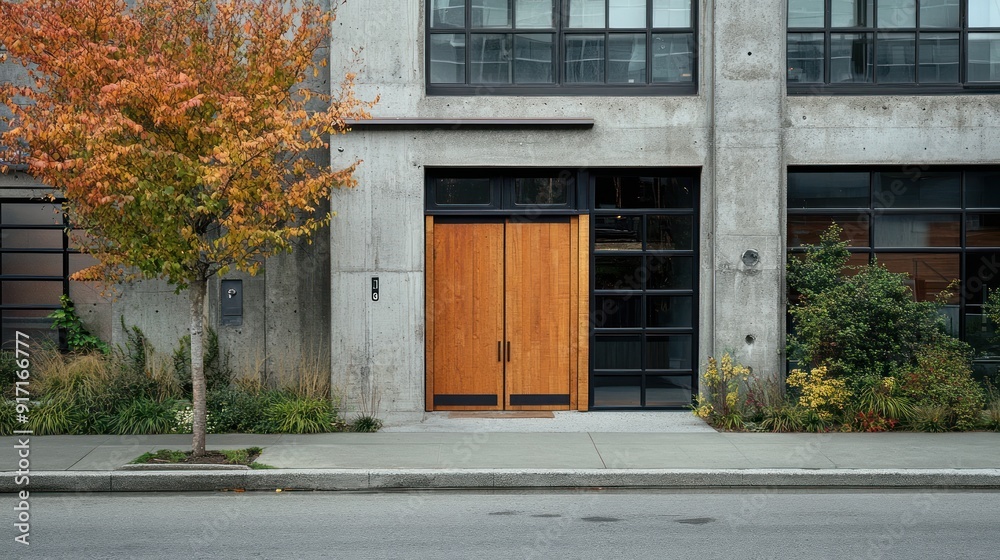 A concrete building with a wooden door and large windows. A concrete building with a wooden door and large windows.