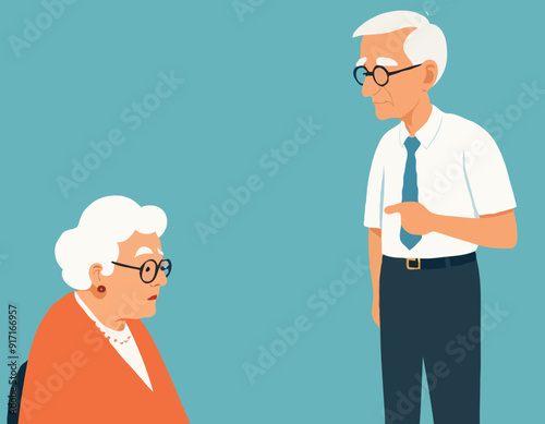 Elder couple. Old lady scolds grandfather. Family dispute
