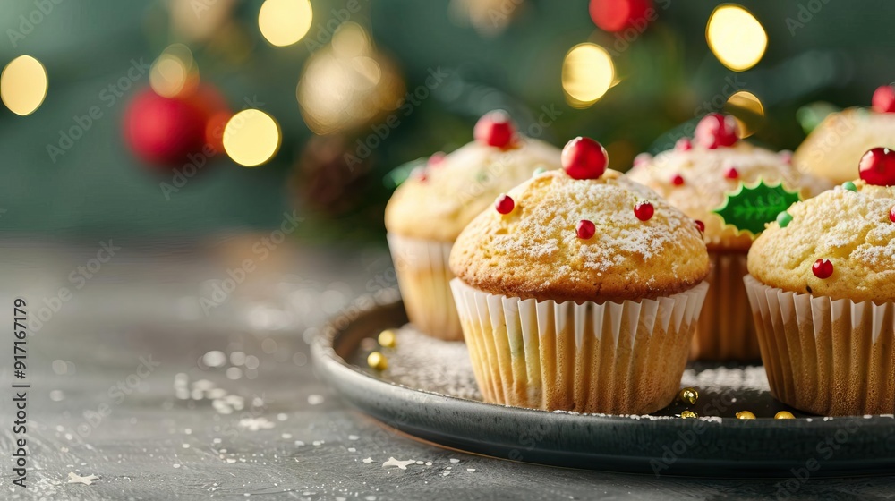 Array of Noel muffins on a decorated holiday table, delightful indulgences, editorial photography, empty space for text on side Array of Noel muffins on a decorated holiday table, delightful indulgences, editorial photography, empty space for text on side