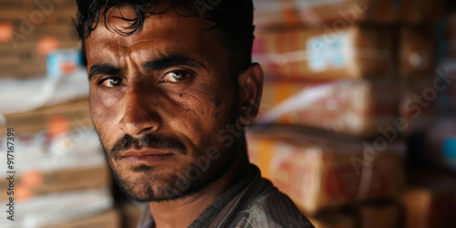  a migrant delivery driver face, with a stack of packages in the background