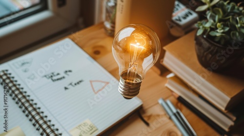 A light bulb on a desk with sketchpads and notes, representing brainstorming ideas. photo