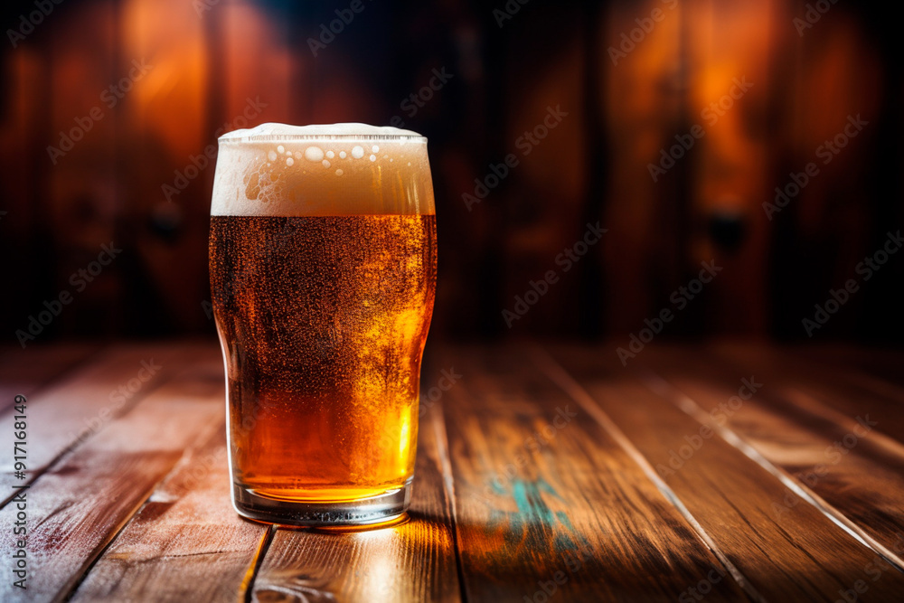 On the bar table, there is a mug of beer, with the atmosphere of the taproom blurred in the background. On the bar table, there is a mug of beer, with the atmosphere of the taproom blurred in the background.