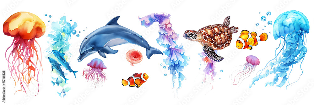 Fototapeta premium Collection of marine animals, featuring a dolphin, sea turtle, jellyfish, and clownfish, detailed and colorful, isolated on a white background