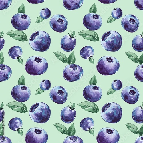 Blueberry pattern, light green background, watercolor style, seamless design. This print can be used as wallpaper or textile fabric