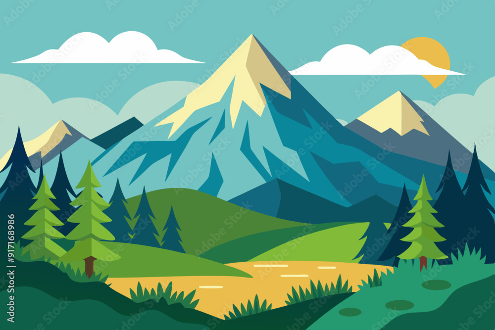 Naklejka premium Nature illustration with mountains and forest
