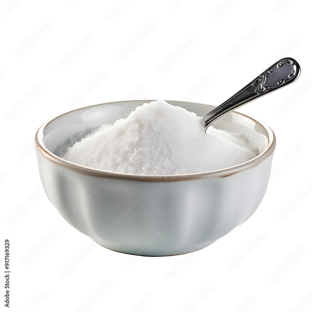 A Spoonful of White Sugar in a Dish Isolated on White Background A Spoonful of White Sugar in a Dish Isolated on White Background