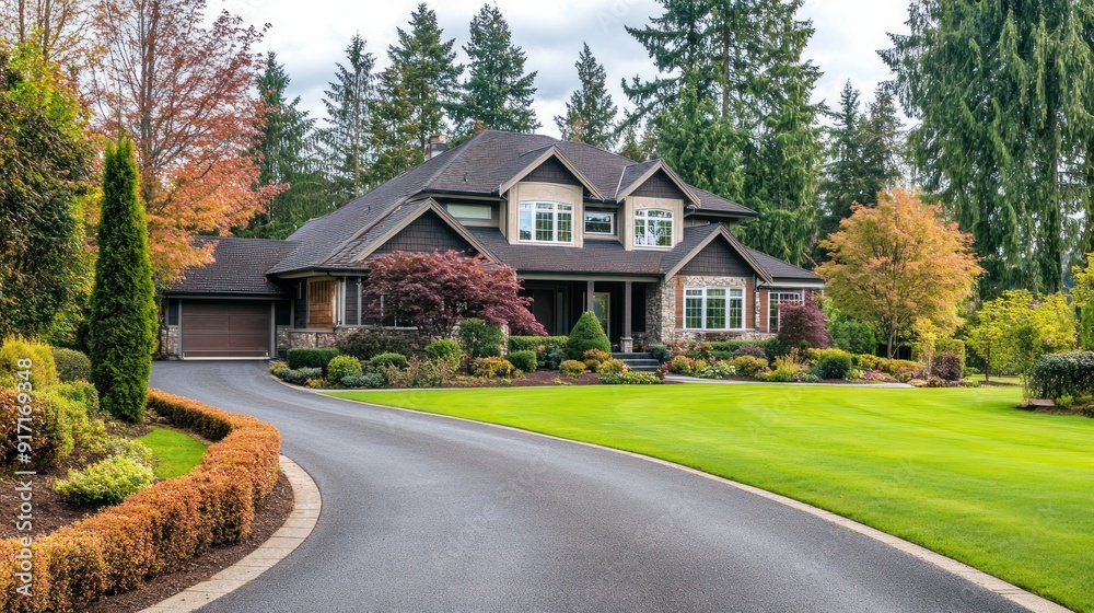 A large, luxurious home with a long driveway and manicured lawn. A large, luxurious home with a long driveway and manicured lawn.