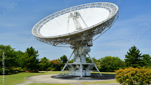 radio telescope stands against a vast sky, symbolizing humanity's quest for knowledge and exploration of the cosmos. The image conveys the themes of discovery, science, and the infinite potential of s photo