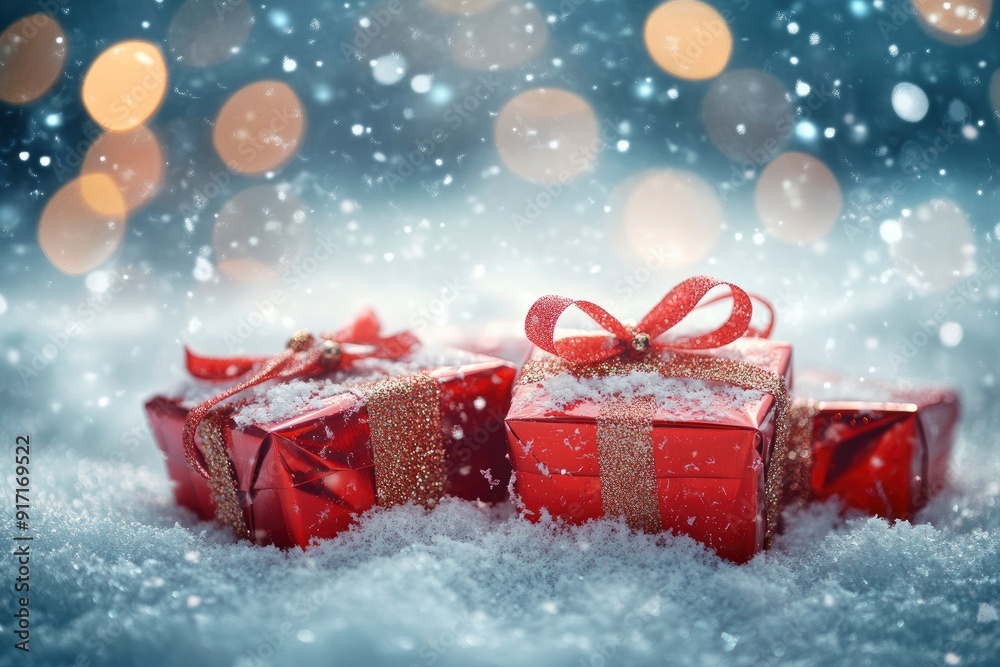 christmas gift boxes in snow with glitter and bokeh effect, ai christmas gift boxes in snow with glitter and bokeh effect, ai
