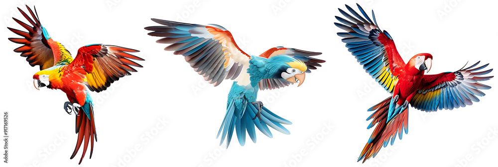 Set of various birds in flight, including a parrot, eagle, and sparrow, detailed feathers and vibrant colors, isolated on a white background Set of various birds in flight, including a parrot, eagle, and sparrow, detailed feathers and vibrant colors, isolated on a white background