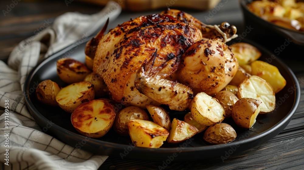 Roasted chicken with potatoes on dark plate Roasted chicken with potatoes on dark plate