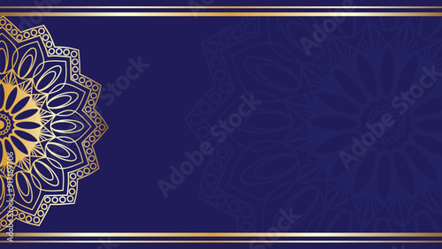 A luxurious mandala background featuring intricate gold patterns set against a rich, deep blue backdrop. The design combines traditional elegance with modern sophistication.