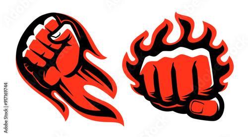 Fist of fire power. Strong punch emblem or logo. Hand drawn vector illustration