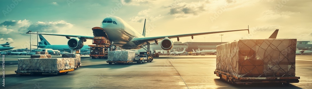 Cargo aircraft at airport during loading process with warm sunlight and blue sky, showcasing logistics and transportation. Cargo aircraft at airport during loading process with warm sunlight and blue sky, showcasing logistics and transportation.