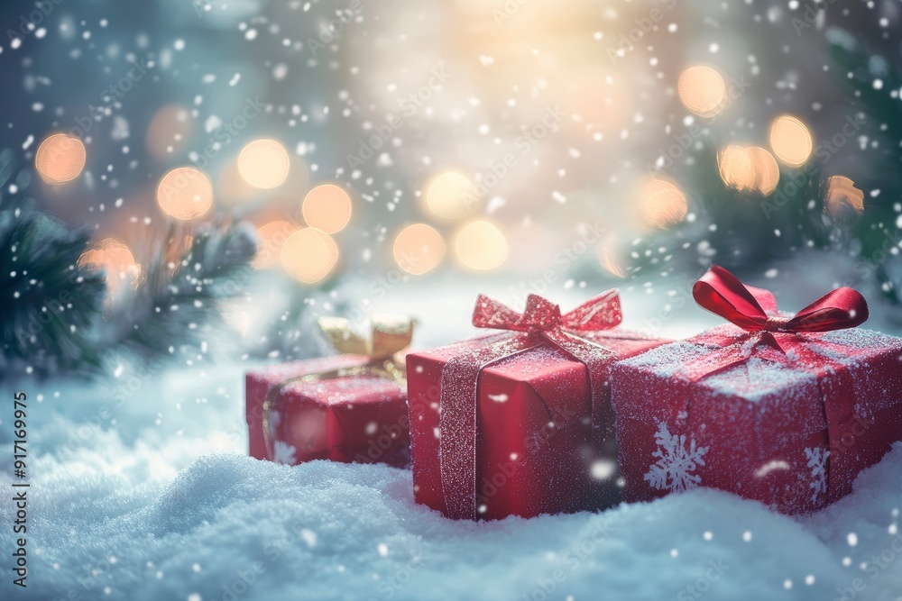christmas gift boxes in snow with glitter and bokeh effect, ai christmas gift boxes in snow with glitter and bokeh effect, ai