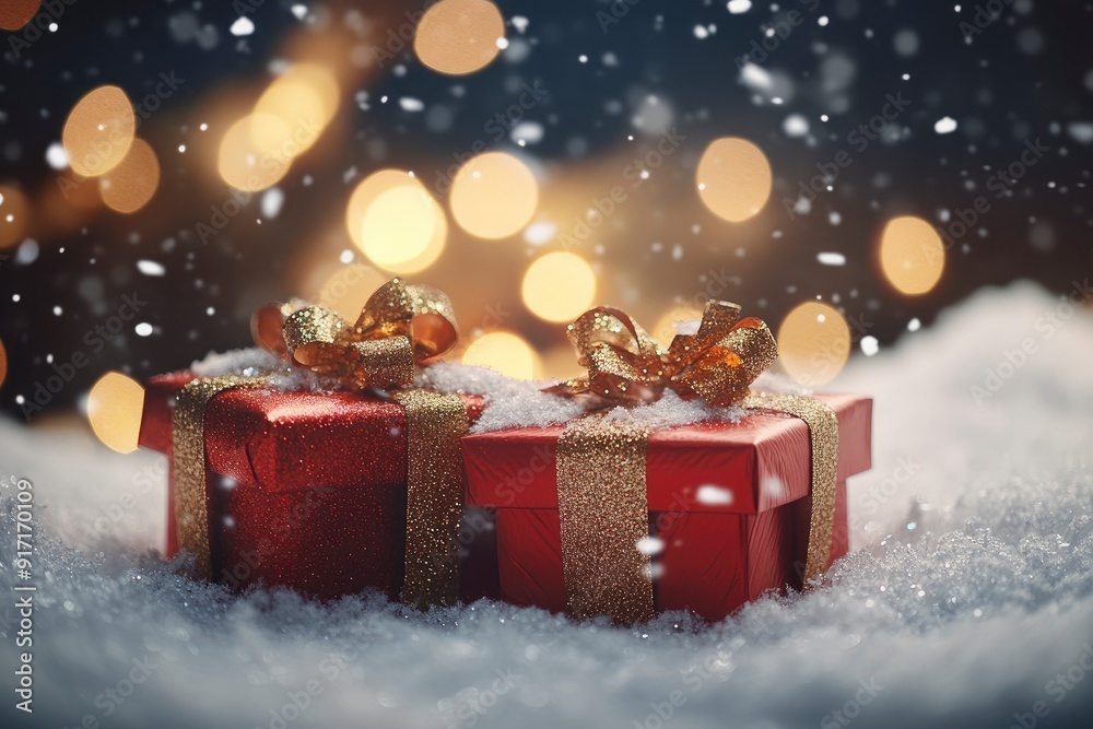 christmas gift boxes in snow with glitter and bokeh effect, ai christmas gift boxes in snow with glitter and bokeh effect, ai