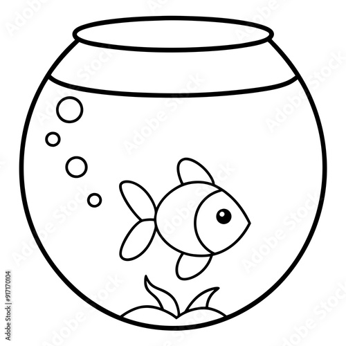 A goldfish swims gracefully in a fish bowl decorated with aquatic plants and pebbles