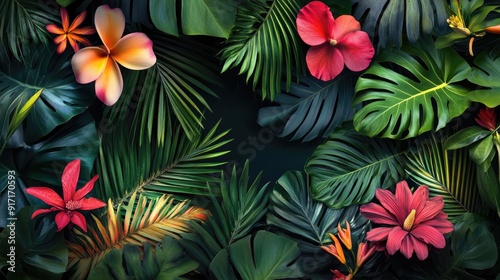 Bright tropical background with lush green leaves and vibrant floral elements