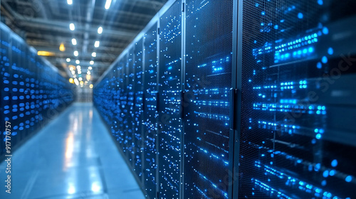 modern server room with neatly organized internet cables and wires connected to network switches. The environment is clean  efficient  and represents the backbone of digital communication and data sto